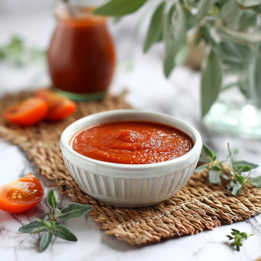 The image shows a small white bowl filled with smooth red tomato sauce, placed on a light brown woven mat on a white marbled surface. Nearby, there are fresh tomato wedges and green herb sprigs scattered around, creating a fresh and natural look. In the background, there is a blurred glass jar with green leaves, adding a touch of green. A woman’s hand is not visible but implied, holding the bowl. The colors are warm and bright with a cozy, homemade feeling. Photo taken with an iphone --ar 4:5 --v 7