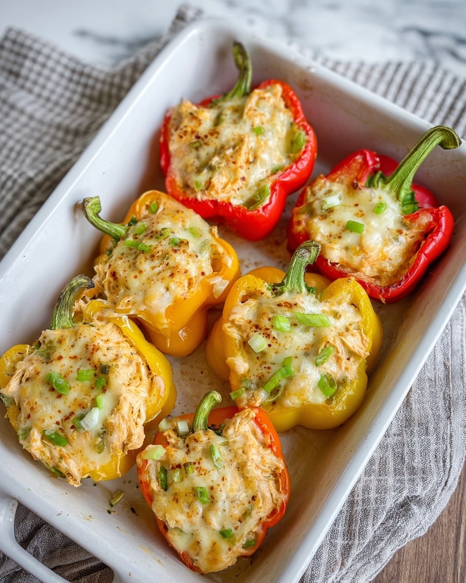 A white rectangular baking dish holds six stuffed bell pepper halves arranged in two rows of three. Each pepper half has two layers: the base is a colorful bell pepper, alternating red, yellow, and orange, with green stems attached, cut in half lengthwise, hollowed out; the top layer is a mixture of shredded chicken and melted cheese with small bits of green onion sprinkled on top, giving a light brown and creamy texture with hints of green. The dish rests on a white marbled surface covered partly by a crumpled beige cloth with wide purple stripes. The lighting is natural and bright, showing slight browning and a glossy finish on the cheese. photo taken with an iphone --ar 4:5 --v 7