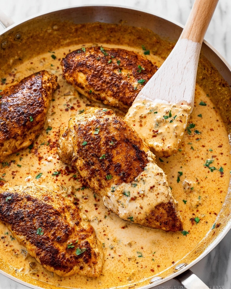 A close-up view of a pan filled with four thick, golden-brown chicken breasts covered in a creamy, light orange sauce. The chicken has a slightly crispy texture with a darker brown spice crust. The sauce looks smooth and rich, pooling around the chicken and sprinkled with small green herb pieces and reddish-brown spices. A wooden spatula with a white handle is lifting one of the chicken breasts, showing the sauce dripping off its edges. The pan rests on a white marbled surface. Photo taken with an iphone --ar 4:5 --v 7