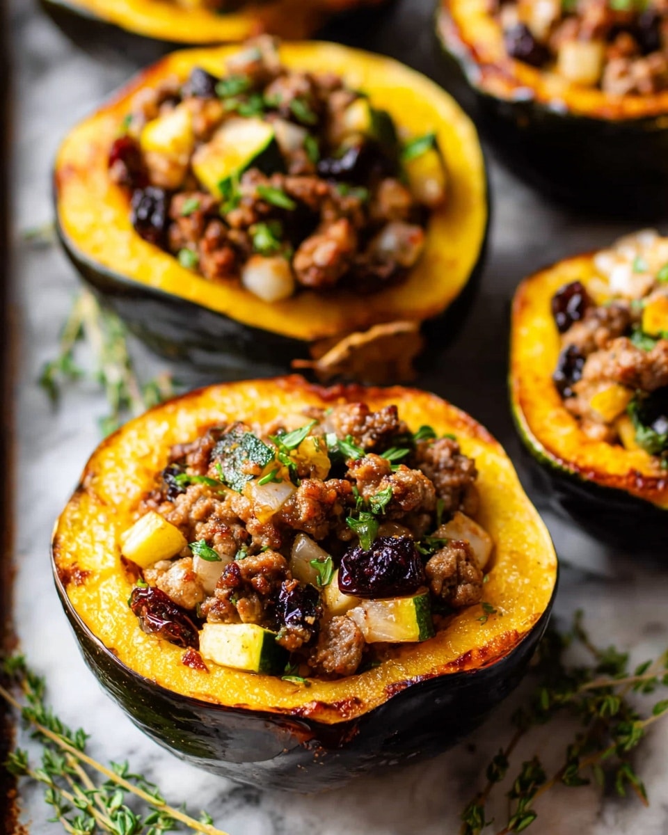 The image shows roasted acorn squash halves with an inside layer of soft, golden-yellow cooked flesh and a slightly browned edge. Each squash half is filled with a colorful mix of browned ground meat, small diced white and green vegetables, dark raisins, and sprinkled green herbs on top. The squash is placed on a tray with a hint of fresh thyme sprigs in the background, all set on a white marbled surface. The focus is close-up, showing the texture of the meat and vegetables clearly. photo taken with an iphone --ar 4:5 --v 7