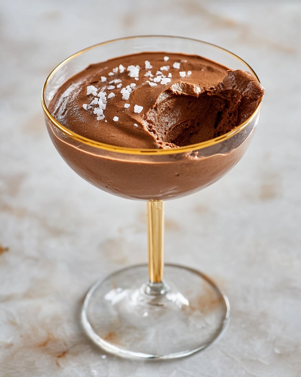 A clear glass dessert cup with a thin stem holds one thick layer of smooth, rich chocolate mousse, dark brown in color with a slightly glossy top, where a scoop has been taken out, revealing a creamy texture. Small bits of white sea salt are sprinkled lightly on the surface. The dessert cup is placed on a white marbled texture photo taken with an iphone --ar 4:5 --v 7
