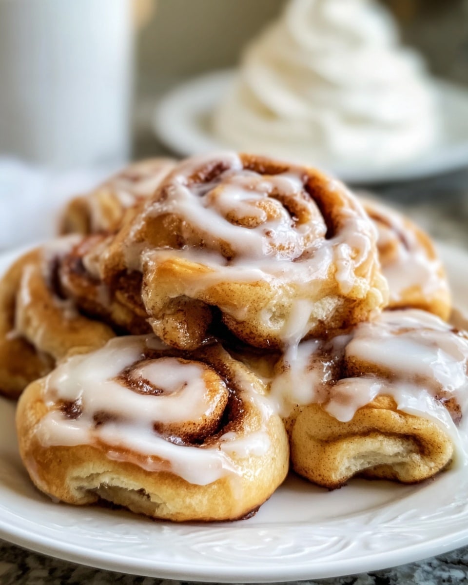 A white plate holds a stack of soft cinnamon rolls with a twisted spiral pattern. Each roll has two main layers: a light golden-brown dough base with a darker cinnamon swirl inside. On top, a smooth, shiny white icing is drizzled unevenly, adding a glossy texture that catches the light. The rolls have a slightly rough surface with some parts more baked to a golden crust. The scene sits on a white marbled texture, with blurred white bowls filled with cream in the background. photo taken with an iphone --ar 4:5 --v 7