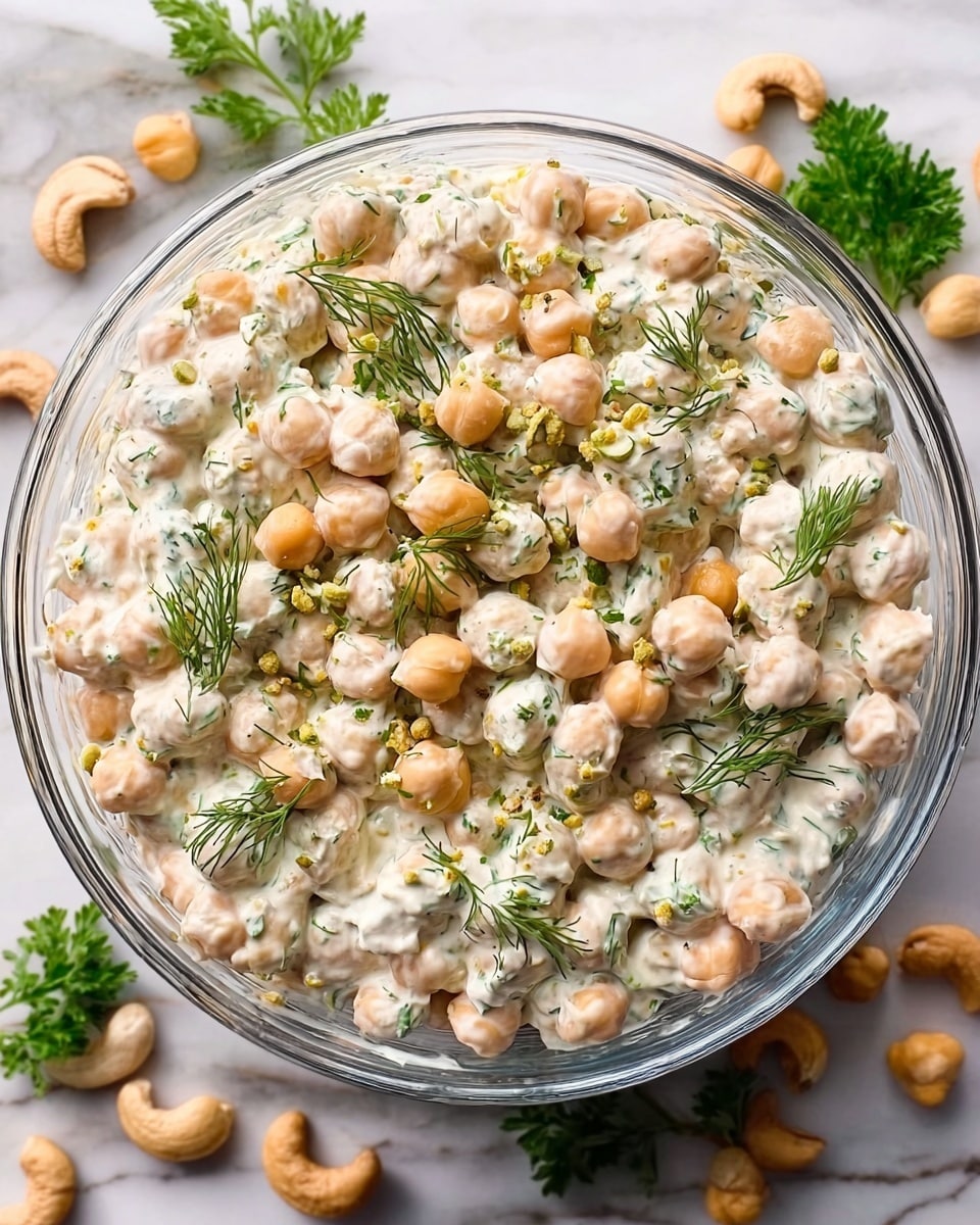 A clear glass bowl filled with a creamy chickpea salad sits on a white marbled surface. The salad has two main layers: the creamy dressing mixed evenly with light beige chickpeas, making the texture look rich and smooth, and it is topped with small pieces of bright green herbs, likely dill, arranged sparingly over the surface. Some scattered whole chickpeas and small bits of herbs float on top, giving a fresh and natural look. The clear bowl shows the salad clearly from the top, and a few scattered cashews and green parsley leaves are placed on the white marbled surface around the bowl, adding a touch of color contrast. Photo taken with an iphone --ar 4:5 --v 7