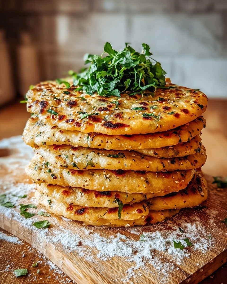 A stack of six round, flat, golden-brown breads is shown, each layer speckled with small seeds and bits of green herbs. The breads have a slightly crispy texture with charred spots giving a toasted appearance. On top of the stack, there is a small bunch of fresh, bright green leafy herbs. The stack is placed on a wooden board with some flour dusted around it, all set against a white marbled texture in the background. photo taken with an iphone --ar 4:5 --v 7
