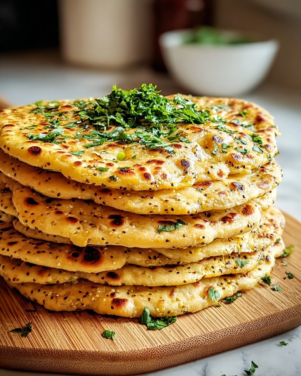 A stack of six golden yellow flatbreads with visible whole mustard seeds baked inside, each layer slightly uneven and showing light charring spots, stacked neatly on a wooden board. The top flatbread is garnished with a small pile of fresh, bright green chopped herbs. The background is softly blurred showing a kitchen corner, all set on a white marbled surface. photo taken with an iphone --ar 4:5 --v 7