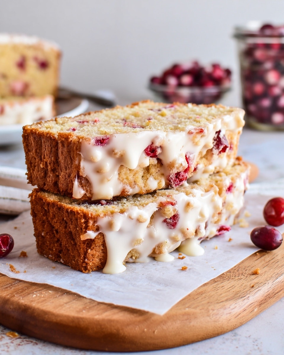 The image shows two thick slices of a crumbly cake stacked on top of each other on a wooden board covered with white paper. The cake has a light golden brown crumb with visible red cranberries embedded in it and a moist texture. Between and around the slices is a generous layer of shiny white icing that appears slightly gooey and uneven. In the background, some plate and jars with red berries can be seen, all set on a white marbled textured surface. photo taken with an iphone --ar 4:5 --v 7