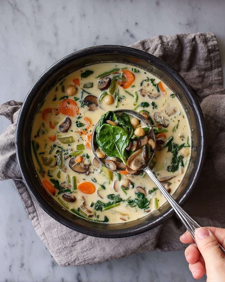 A dark round pot filled with creamy white soup, thick with visible layers of sliced orange carrots, green spinach leaves, beige chickpeas, white celery slices, and brown mushrooms, with the vegetables floating evenly throughout the soup. A silver ladle scoops out a portion revealing a mix of fresh spinach leaves on top, bright carrot slices beneath, and soft mushrooms. The pot rests on a light gray cloth against a white marbled textured surface. A woman's hand holds the ladle on the right side of the image. Photo taken with an iphone --ar 4:5 --v 7