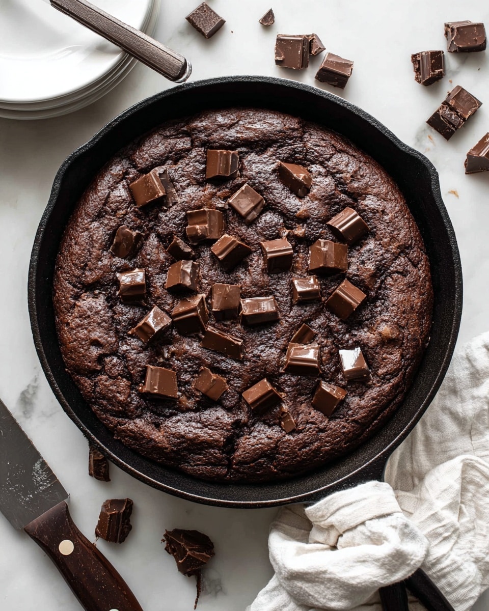 A thick, dark brown chocolate cookie baked in a black cast iron skillet, topped with many scattered small, shiny, square chocolate chunks that are slightly melted on the surface. The cookie has a rich, dense texture with slight cracks and a few raised areas. Around the skillet, there are extra chocolate chunks on a white marbled surface, a white cloth, a knife with a dark wooden handle, and stacked white plates in the upper left corner. The scene is lit softly from above, highlighting the texture of the cookie and chocolate pieces. Photo taken with an iphone --ar 4:5 --v 7
