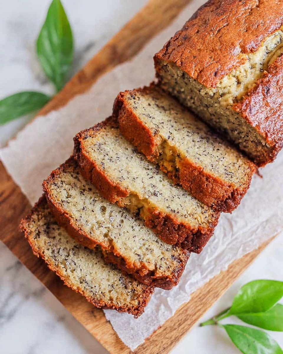 A loaf of banana bread is sliced into four pieces, showing a moist, speckled inside of light tan with dark brown bits spread through it. The outer crust is golden brown and slightly shiny with three thin and slightly darker stripes on top. The bread rests on white baking parchment paper, which is on a wooden cutting board. There are fresh green leaves next to the board, placed on a white marbled surface. Photo taken with an iphone --ar 4:5 --v 7