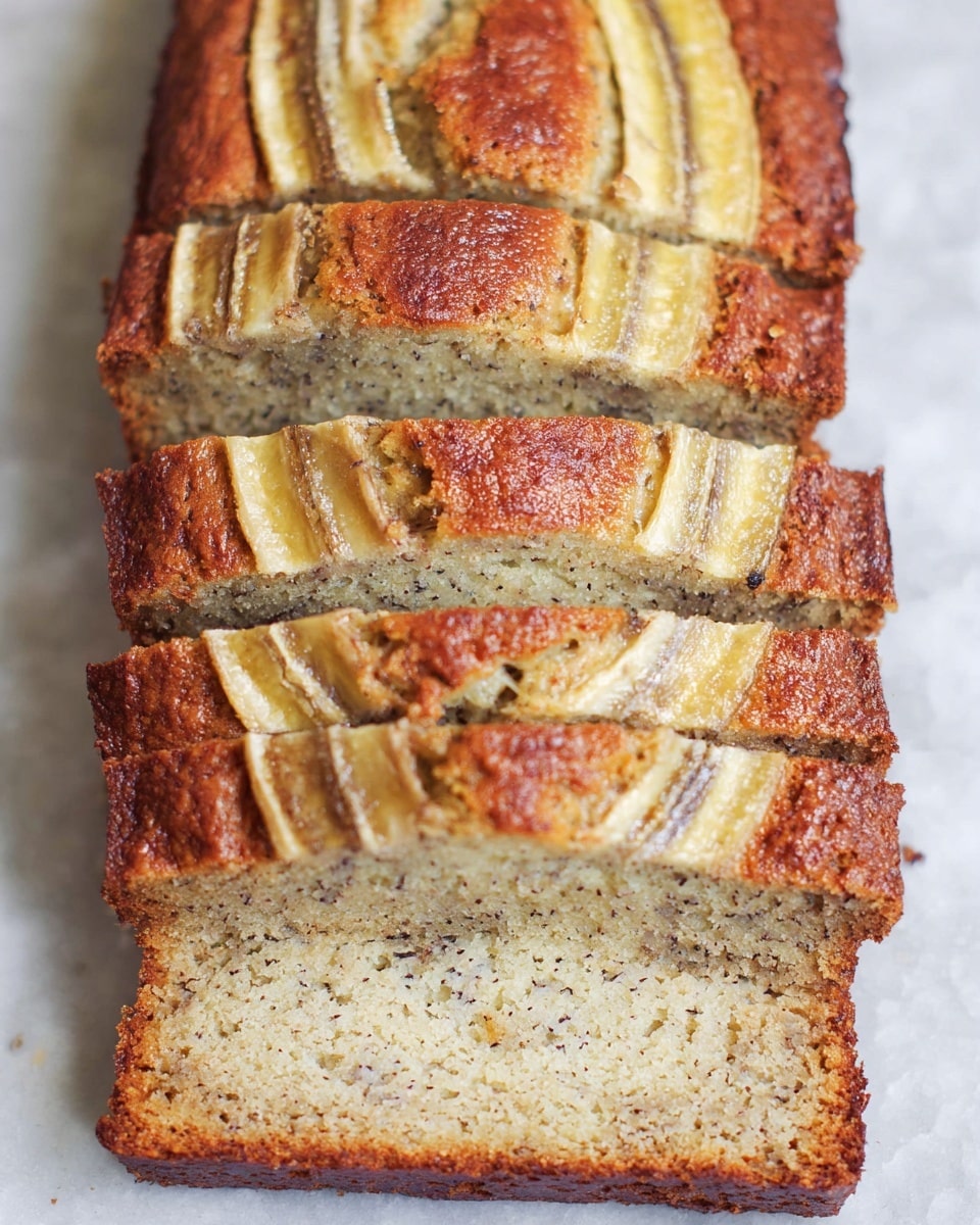 A loaf of banana bread is sliced into five thick pieces arranged in a row on a white marbled surface, showing the soft, moist texture inside with small brown specks of banana and a golden-brown crust on the outside. The top of the loaf has a split with a banana strip baked into it, showing creamy yellow and light brown shades. The bread slices have a slightly glossy sheen on the crust, indicating a freshly baked look. Photo taken with an iphone --ar 4:5 --v 7