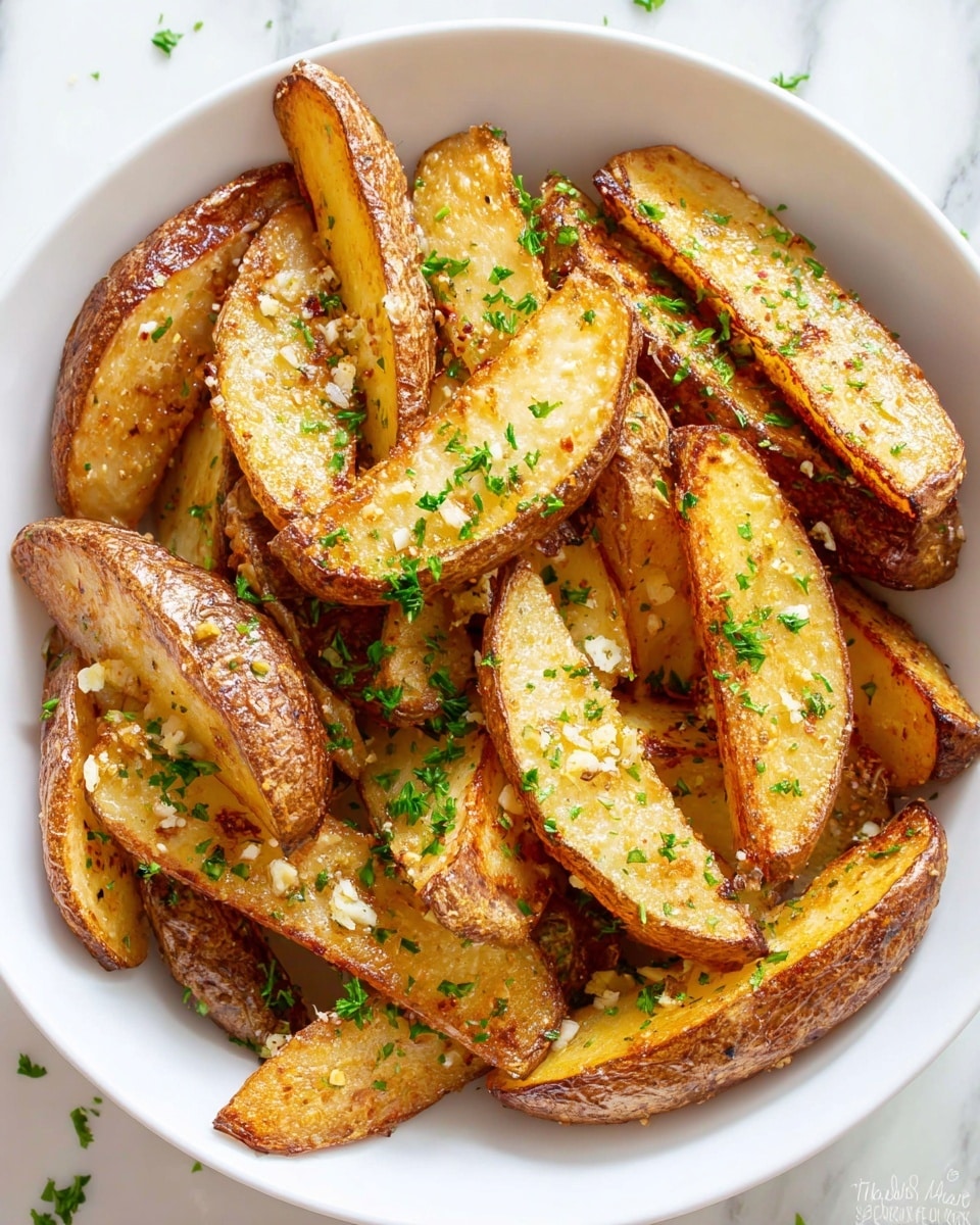 A white bowl filled with golden brown potato wedges, each cut into thick, irregular slices with crispy edges and soft centers visible, layered unevenly with some wedges resting atop others. The potato skins are a darker brown, textured and rough, while the potato flesh inside is lighter with a smooth surface. Scattered finely chopped green parsley and small bits of white garlic pieces are sprinkled evenly over all the wedges, adding bright green and white specks against the warm golden colors of the potatoes. The bowl is placed on a white marbled surface, with a few stray parsley bits around it. Photo taken with an iphone --ar 4:5 --v 7