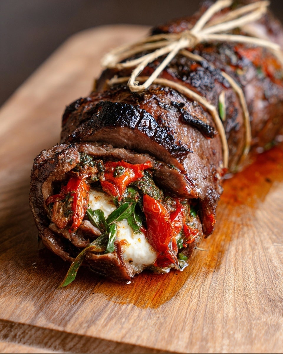 A close-up of a rolled meat dish tied with light brown twine, resting on a wooden board. The outside layer is dark brown and seared, showing a slightly crispy texture with some charred spots on top. Inside, there are several visible layers: a bright red vegetable layer with chunks of roasted red peppers, a melted white cheese layer with browned edges, and green leafy herbs peeking through. Juices from the meat have pooled slightly on the wooden board below, giving a glossy look near the bottom of the roll. photo taken with an iphone --ar 4:5 --v 7