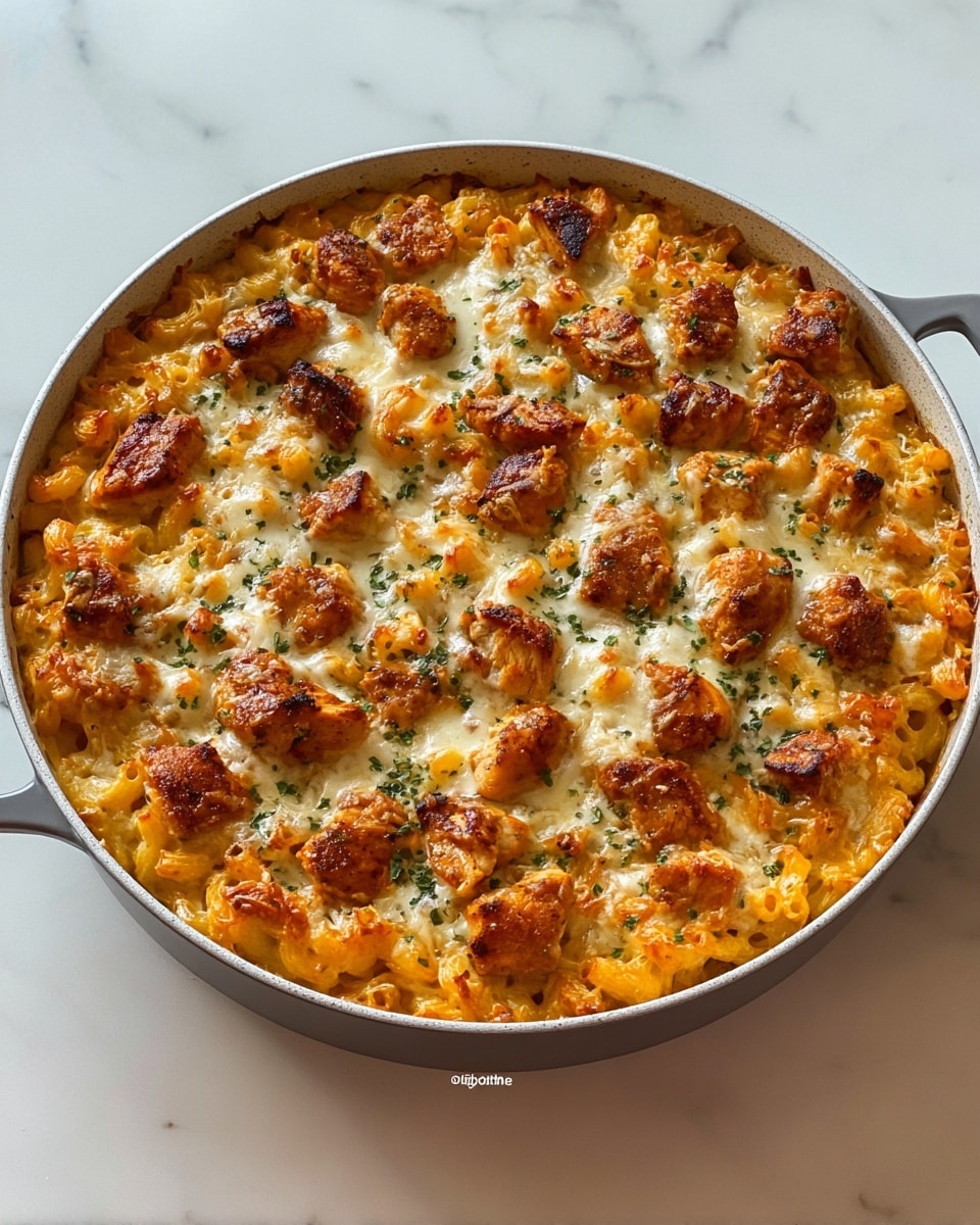 A round pan filled with a baked macaroni and cheese dish topped with browned chicken chunks. The dish has a base layer of creamy orange macaroni, followed by a layer of melted white and orange cheese, slightly browned on top, with evenly scattered browned chicken pieces. Small green herb flakes are sprinkled over the entire surface. The pan is gray with a white marbled texture surface beneath it. photo taken with an iphone --ar 4:5 --v 7