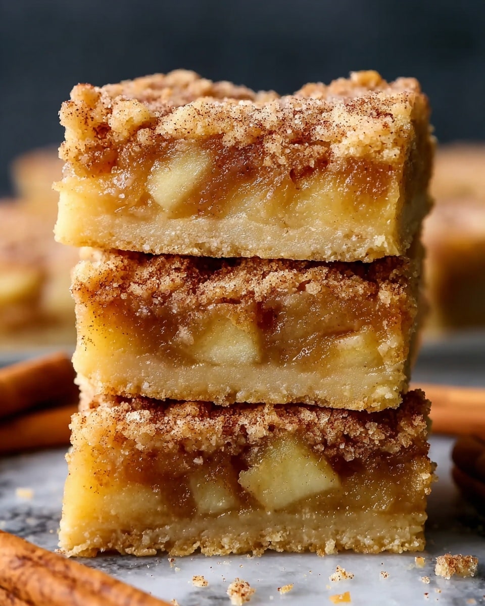 The image shows three square apple cinnamon bars stacked on top of each other, each bar having three visible layers: a crumbly golden-brown top layer with a cinnamon sugar texture, a thick middle layer filled with chunks of soft apple pieces in a light caramel color, and a dense, slightly darker golden-brown base layer. The bars are set against a white marbled surface, with a blurred red apple and cinnamon sticks in the background. photo taken with an iphone --ar 4:5 --v 7
