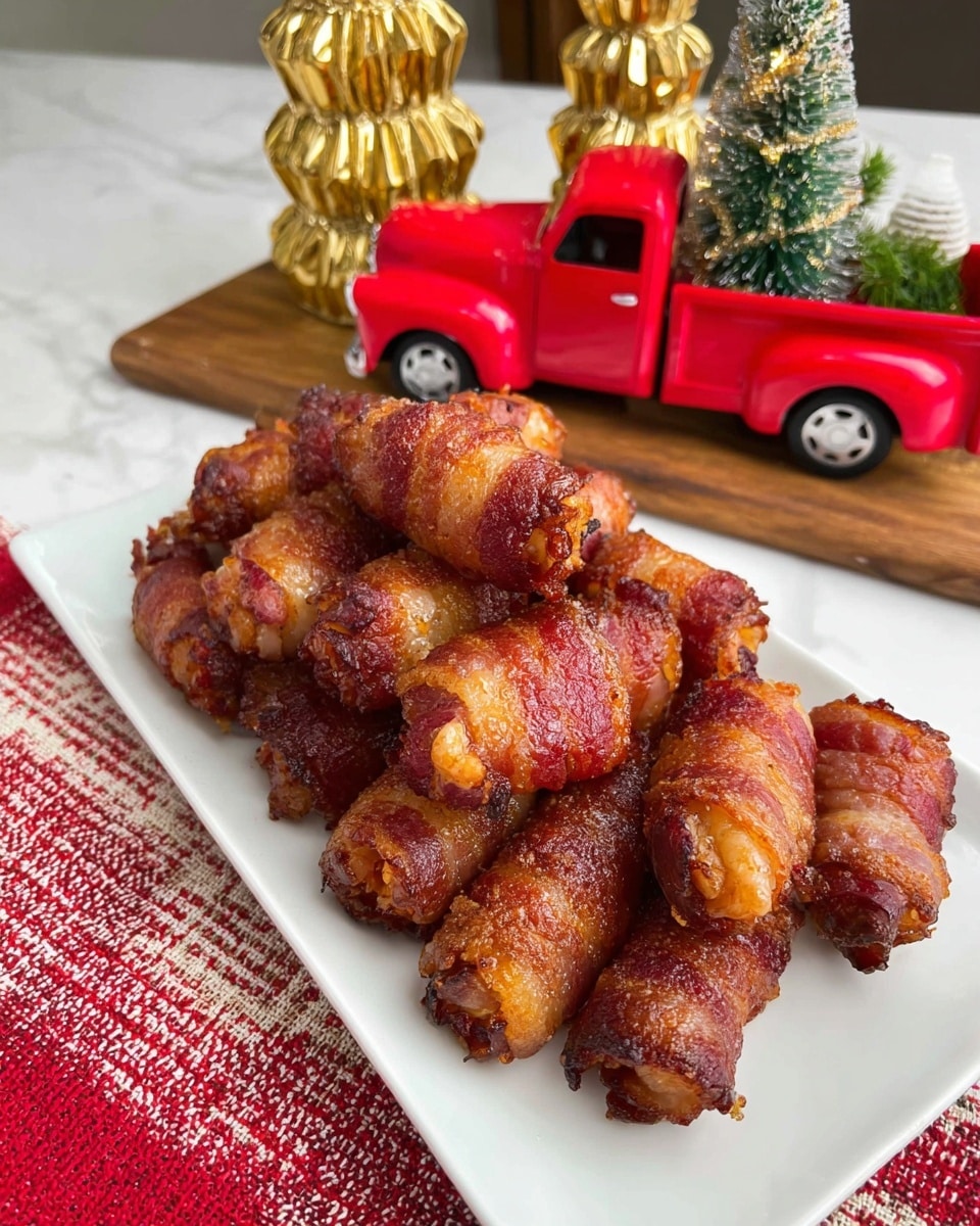 A white rectangular plate holds a pile of small, cylindrical snacks tightly wrapped with crispy, browned bacon. Each piece has a textured surface with a mix of golden and dark brown shades, showing the cooked bacon's crispy edges and slight glistening from the fat. The snacks are stacked unevenly, filling the plate from the near corner to the center. Behind the plate, on a wooden surface, there is a shiny gold, layered decoration resembling a stacked tree shape and a small red toy truck carrying a green mini Christmas tree. A red and white woven cloth is partially visible under the plate on the white marbled texture surface. photo taken with an iphone --ar 4:5 --v 7