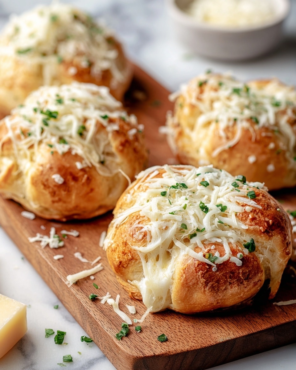 Four golden brown baked rolls sit on a wooden board, each topped with a layer of white shredded cheese and small green herb pieces. The rolls have a soft, slightly glossy texture with a folded shape, and melted cheese oozes slightly from inside. The wooden board contrasts with the white marbled surface underneath, and some scattered cheese and herbs add a natural touch to the scene. Photo taken with an iphone --ar 4:5 --v 7