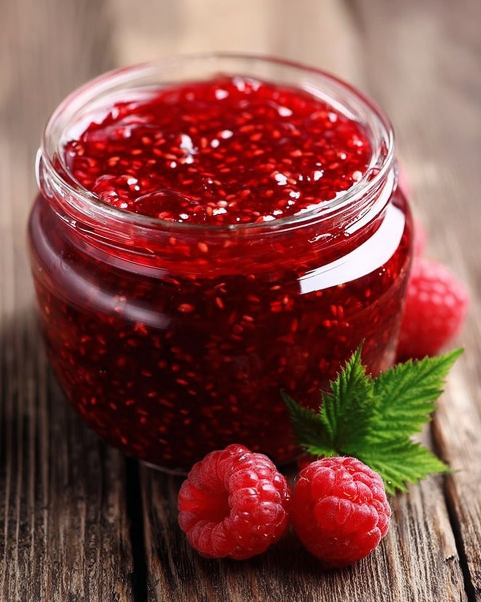 A clear glass jar filled with thick, bright red raspberry jam showing visible raspberry seeds and a glossy texture from the top view, placed on a rustic wooden surface with three fresh, red raspberries and a small green raspberry leaf beside it, creating a fresh and natural look. photo taken with an iphone --ar 4:5 --v 7