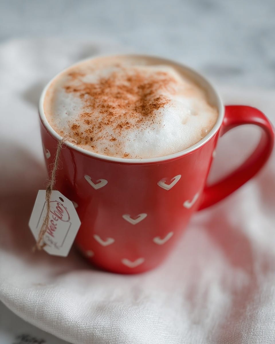 A red mug filled with a creamy drink that has a thick layer of white frothy foam on top, sprinkled lightly with brown cinnamon powder. The mug has a simple heart pattern near its rim and a string with a tea tag hanging from the handle. The mug is placed on a white marbled surface with a soft, blurred white cloth underneath, creating a cozy and warm feeling. Photo taken with an iphone --ar 4:5 --v 7