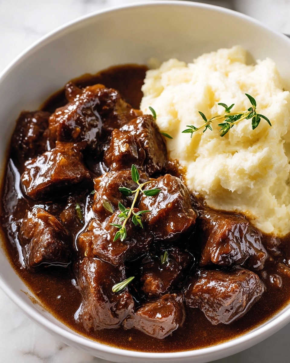 A white bowl holds a serving of dark brown beef stew with a glossy, thick sauce covering chunks of tender meat. The stew pieces are uneven in shape and glisten under the light, with some small sprigs of green herbs like thyme placed on top. On one side of the bowl, there is a mound of smooth, creamy mashed potatoes in a pale off-white color, providing a soft texture contrast to the rich stew. The background is a white marbled texture, and the photo has a close-up focus highlighting the shine and details of the stew and potatoes. photo taken with an iphone --ar 4:5 --v 7