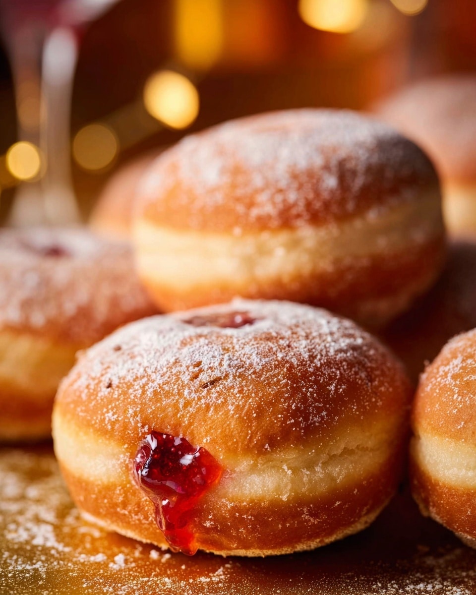 The image shows a close-up of round, golden-brown jelly-filled doughnuts arranged closely together with a soft texture. Each doughnut has a light dusting of white powdered sugar on top, giving a slightly frosted appearance. One doughnut in the foreground displays a small burst of shiny, red jelly oozing out gently, creating a bright contrast against the warm dough. The background is softly blurred with warm tones and small glowing lights, giving a cozy feel. The doughnuts rest on a golden surface that reflects some light, adding to the warm atmosphere. photo taken with an iphone --ar 4:5 --v 7