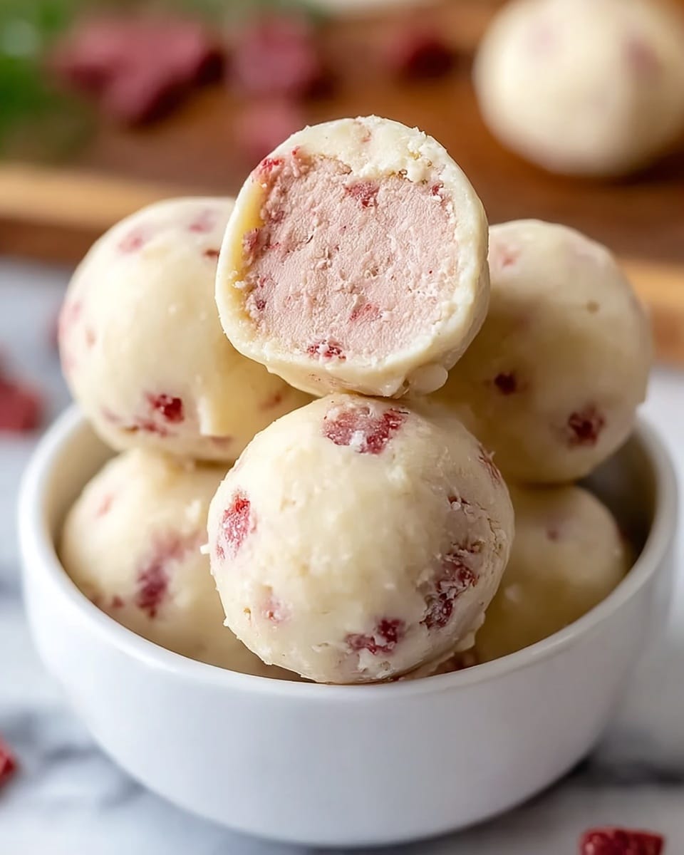 A white bowl filled with creamy beige cookie dough balls that have small dark brown chocolate chunks scattered throughout. On top, one ball is broken in half, showing a smooth, light pink creamy filling inside. The bowl is placed on a white marbled surface with blurred red and white round objects in the background. photo taken with an iphone --ar 4:5 --v 7