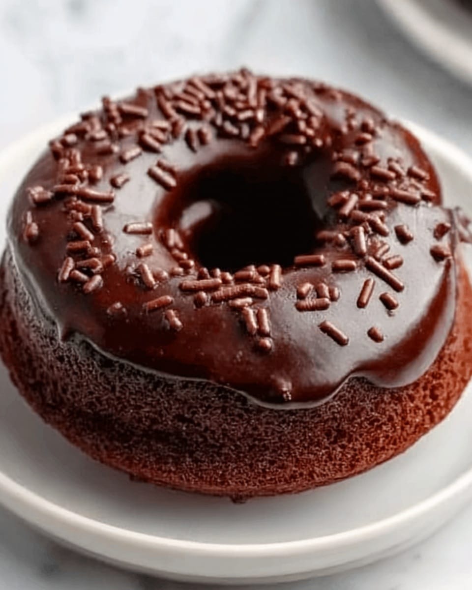 The image shows a close-up of a chocolate donut on a white plate, sitting on a white marbled surface. The donut has a thick, smooth layer of shiny chocolate glaze covering the top, which looks glossy and slightly reflective. On top of the glaze, there are small dark chocolate sprinkles scattered mostly around the top edge. The donut itself is dark brown, dense, and moist with a soft texture visible through its sides. Photo taken with an iphone --ar 4:5 --v 7