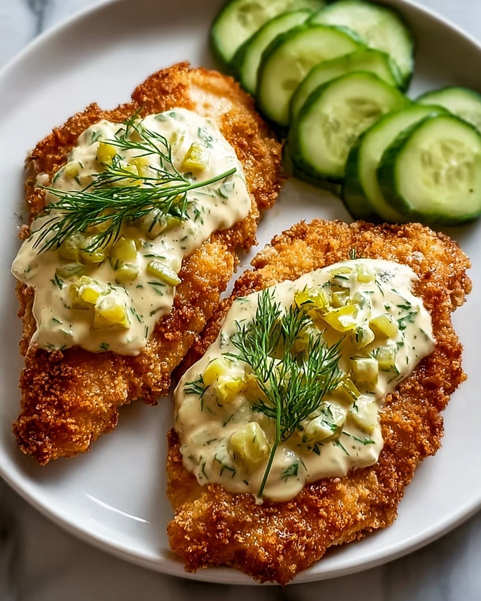 Two golden brown crispy fried fish fillets are placed side by side on a white plate. Each fillet has a dollop of creamy white sauce with green herb specks and small yellow chunks on top, garnished with a small sprig of fresh dill. On the upper right side of the plate, there are three thin, round slices of cucumber with light green skin and pale centers. The background surface is a white marbled texture. photo taken with an iphone --ar 4:5 --v 7