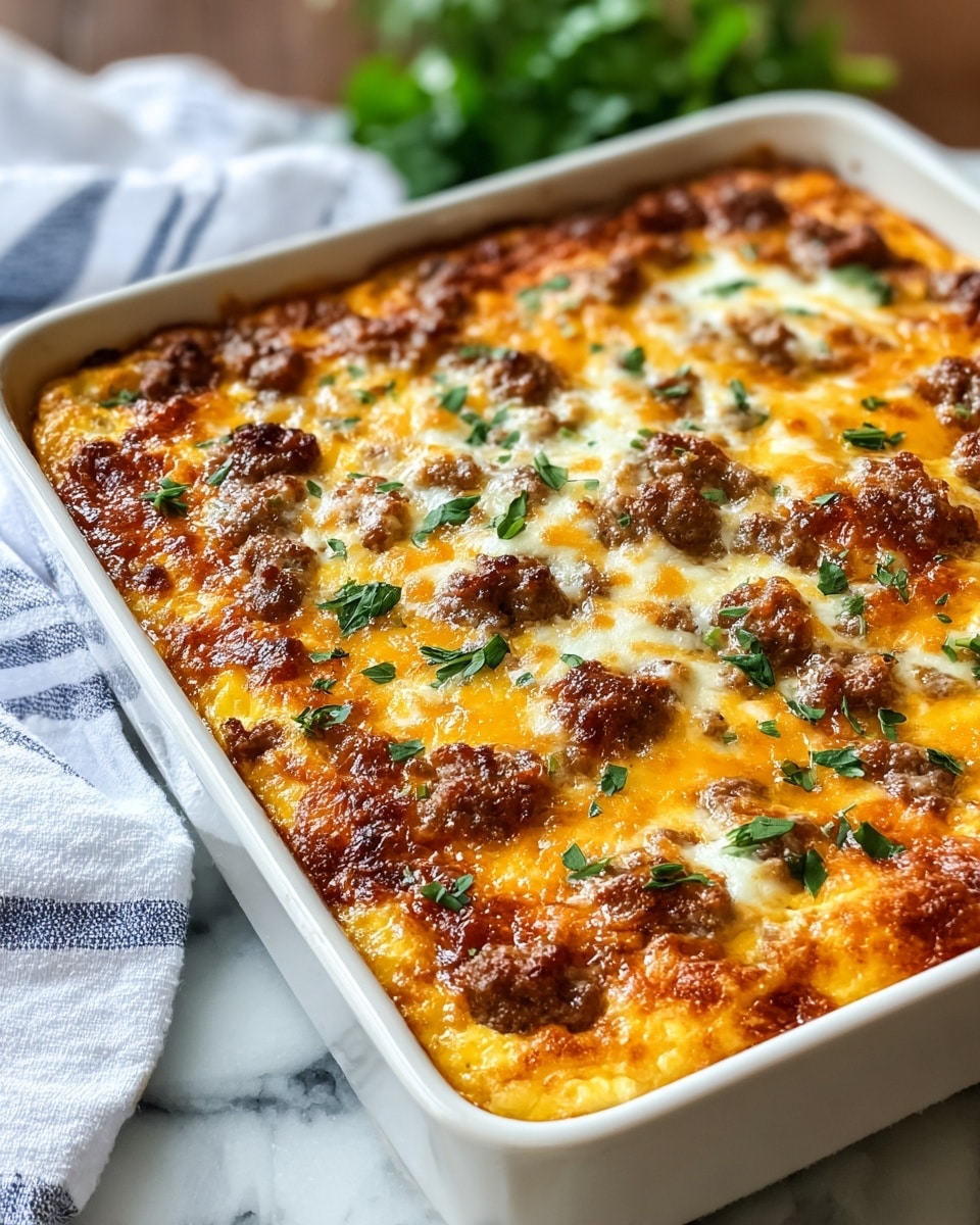 A close-up view of a square white baking dish filled with a baked casserole showing about three layers: a base layer of golden melted cheese with a smooth texture, topped with browned sausage pieces scattered evenly, and a final layer of slightly browned, melted yellow and white cheese with small fresh green herb leaves sprinkled on top. The casserole edges are golden and crisp, and the dish sits on a white marbled surface with a white and blue striped cloth nearby. Photo taken with an iphone --ar 4:5 --v 7