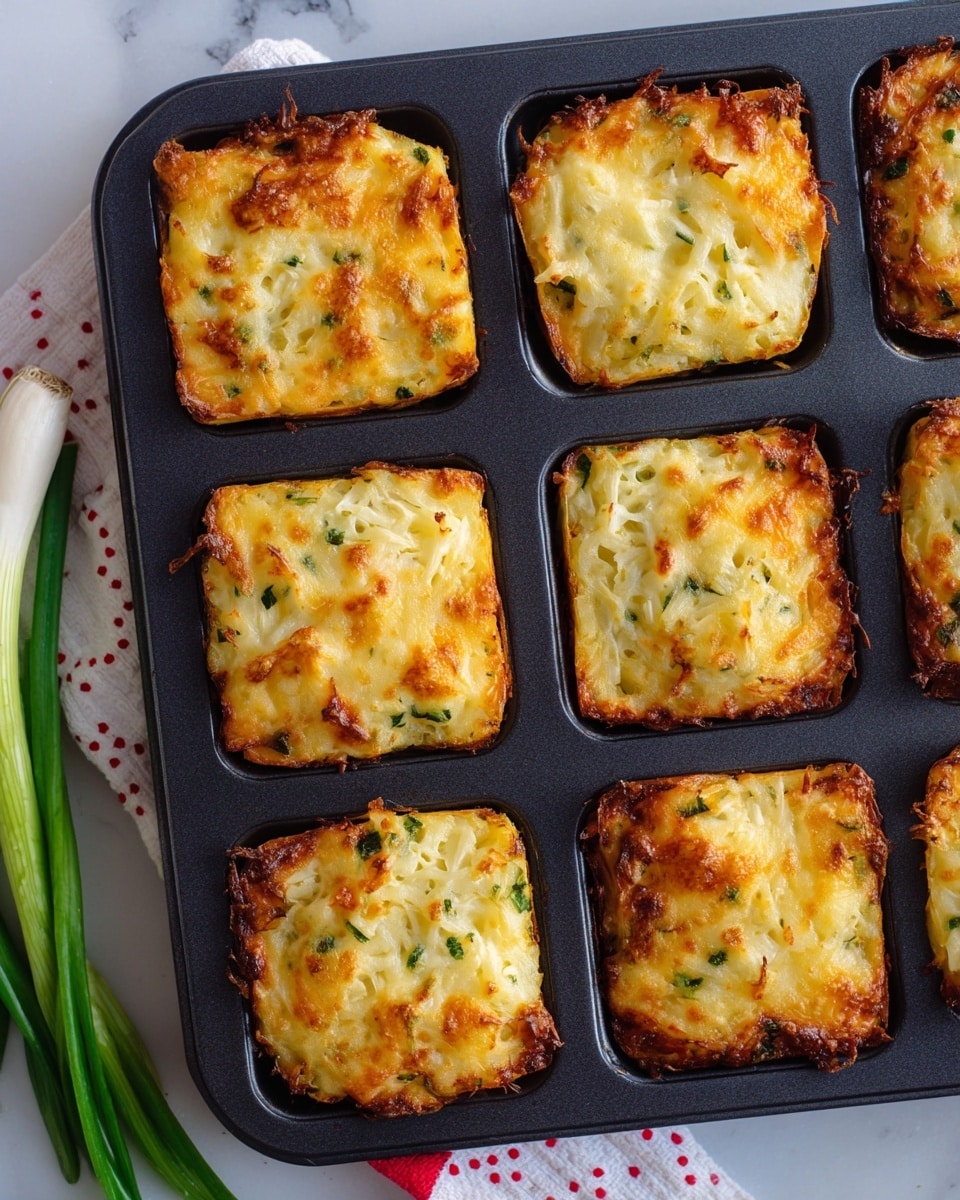 The image shows a dark baking tray with six square potato and cheese bites, each one with a golden-brown top layer that looks slightly crispy and bubbly, mixed with shreds of white potato and bits of green herbs. The texture is soft yet firm, with some crispy edges around the squares. The tray sits on a white marbled surface with a green onion nearby and a white cloth with red polka dots at the corner. photo taken with an iphone --ar 4:5 --v 7