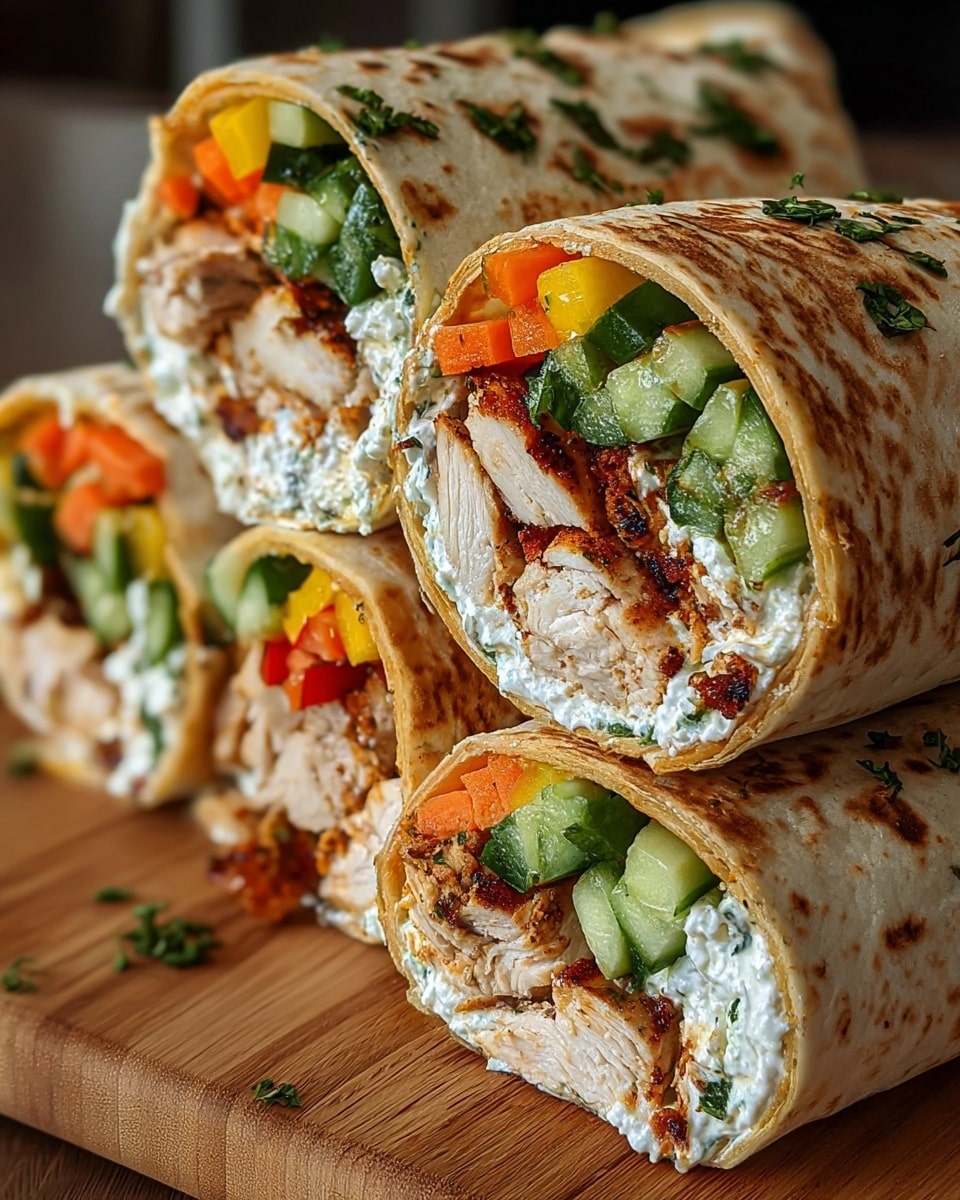 Two halves of a grilled wrap are stacked on a wooden board, showing many layers inside. The outer layer is a light brown, slightly charred tortilla wrap with grill marks. Inside, the bottom layer is melted yellow cheddar cheese mixed with creamy white cheese. On top of that is shredded, cooked chicken with a browned texture. Above the chicken, there are small orange carrot cubes and green cucumber pieces mixed with diced red onions. The wrap is topped with dollops of white cream and sprinkled with small white cheese crumbles and finely chopped green herbs. The background is a white marbled texture. photo taken with an iphone --ar 4:5 --v 7
