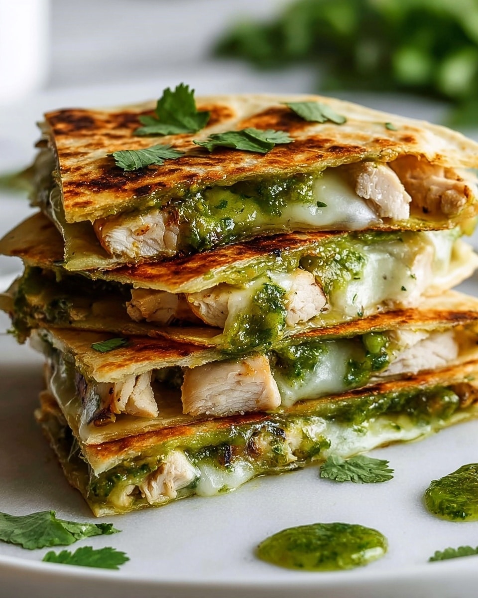 Two stacked quesadilla triangles on a white plate, each showing three layers: a crispy, golden-brown toasted tortilla outside; inside, a layer of melted white cheese with a smooth, gooey texture; below that, chunks of grilled chicken with a light brown char and pieces of bright green avocado; and moments of dark green cilantro leaves scattered throughout. A small serving of chunky green guacamole sits on the plate in the foreground. The plate rests on a white marbled surface. photo taken with an iphone --ar 4:5 --v 7