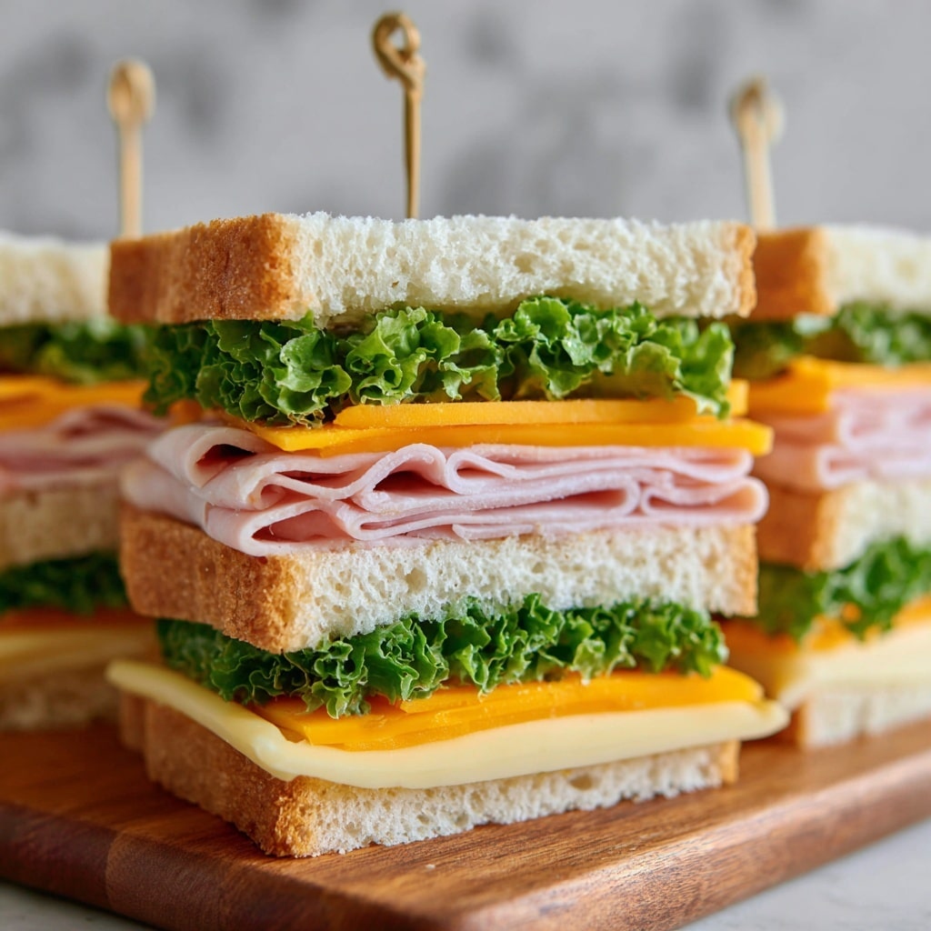 A close-up of a sandwich with three layers of white bread, each slice fluffy and soft with a light brown crust. The sandwich has four fillings stacked neatly: at the bottom, a slice of pale yellow cheese with a smooth texture, then a fresh layer of bright green leafy lettuce with curly edges, followed by two slices of deli meat with pale pink and light beige colors, and on top, a slice of vivid orange cheddar cheese. A wooden toothpick pierces through the sandwich from top to bottom, holding it all together. The sandwich sits on a wooden cutting board, with parts of two more sandwiches blurred in the white marbled background. photo taken with an iphone --ar 4:5 --v 7