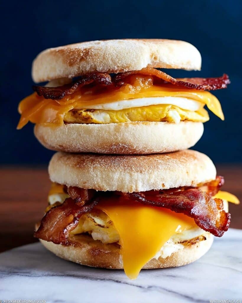Make Ahead English Muffin Breakfast Sandwiches with Bacon, Egg & Cheese Recipe