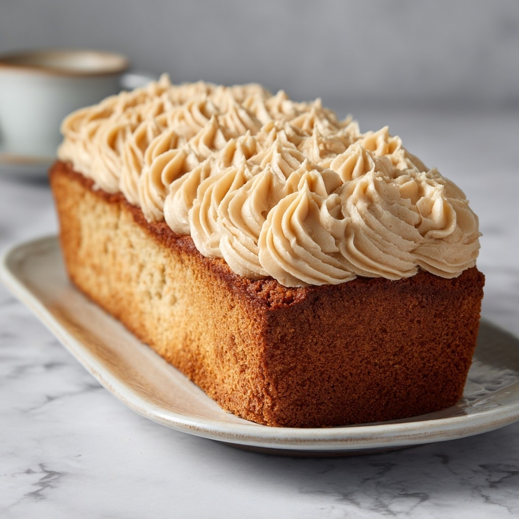 The image shows two pieces of loaf cake on a white plate with a brown rim, placed on a white marbled surface. The cake has one large solid layer with a soft light brown inside texture, a darker golden brown crust, and a creamy light beige drizzle of icing on top and slightly down the sides. The background is blurred, featuring a whole loaf cake and white ceramic jars, all sitting on the same white marbled surface. photo taken with an iphone --ar 4:5 --v 7
