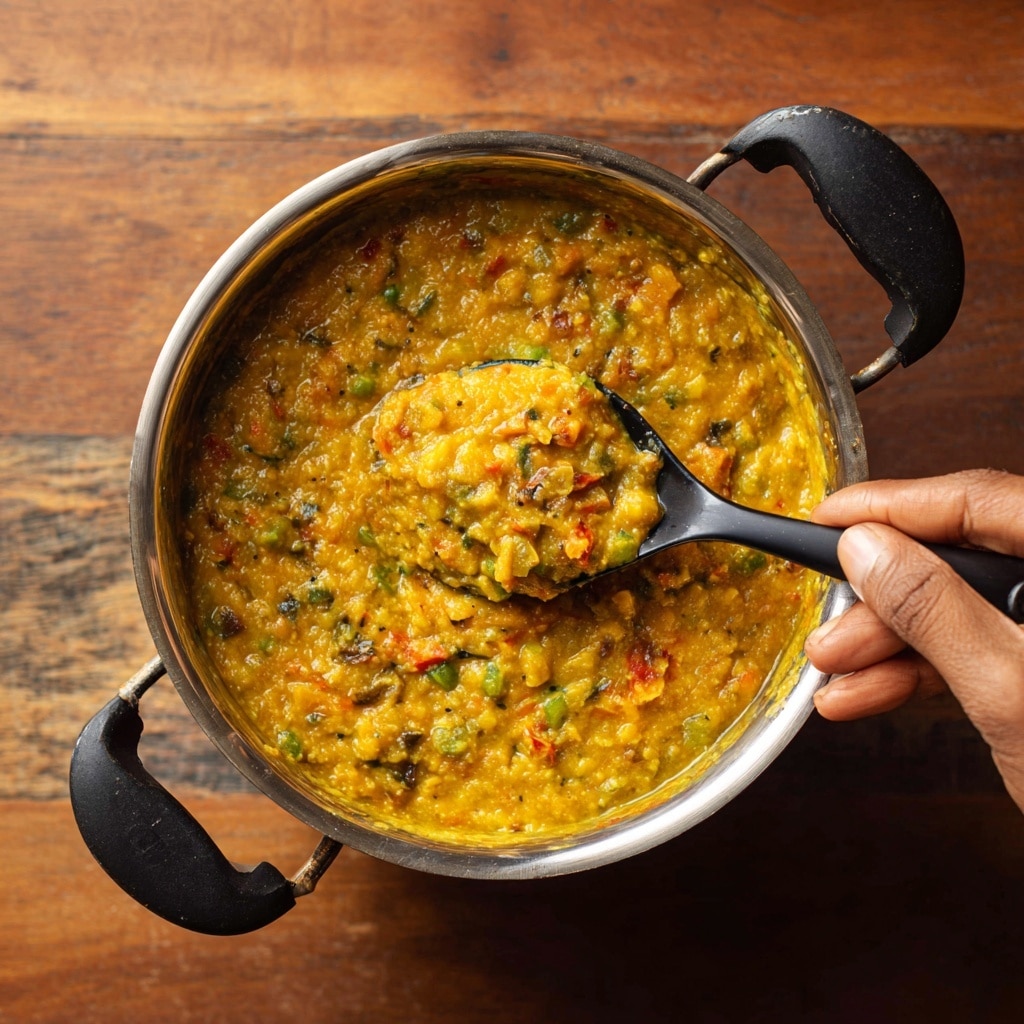 A close-up view of a pot filled with thick, yellow-orange lentil soup that has a creamy texture and visible small pieces of green herbs and red spices mixed throughout. A black spoon is dipped into the soup, lifting a portion that shows the chunky consistency of the dish. A woman's hand is holding the handle of the spoon from the side. The pot rests on a white marbled surface, creating a clean and bright backdrop. Photo taken with an iphone --ar 4:5 --v 7