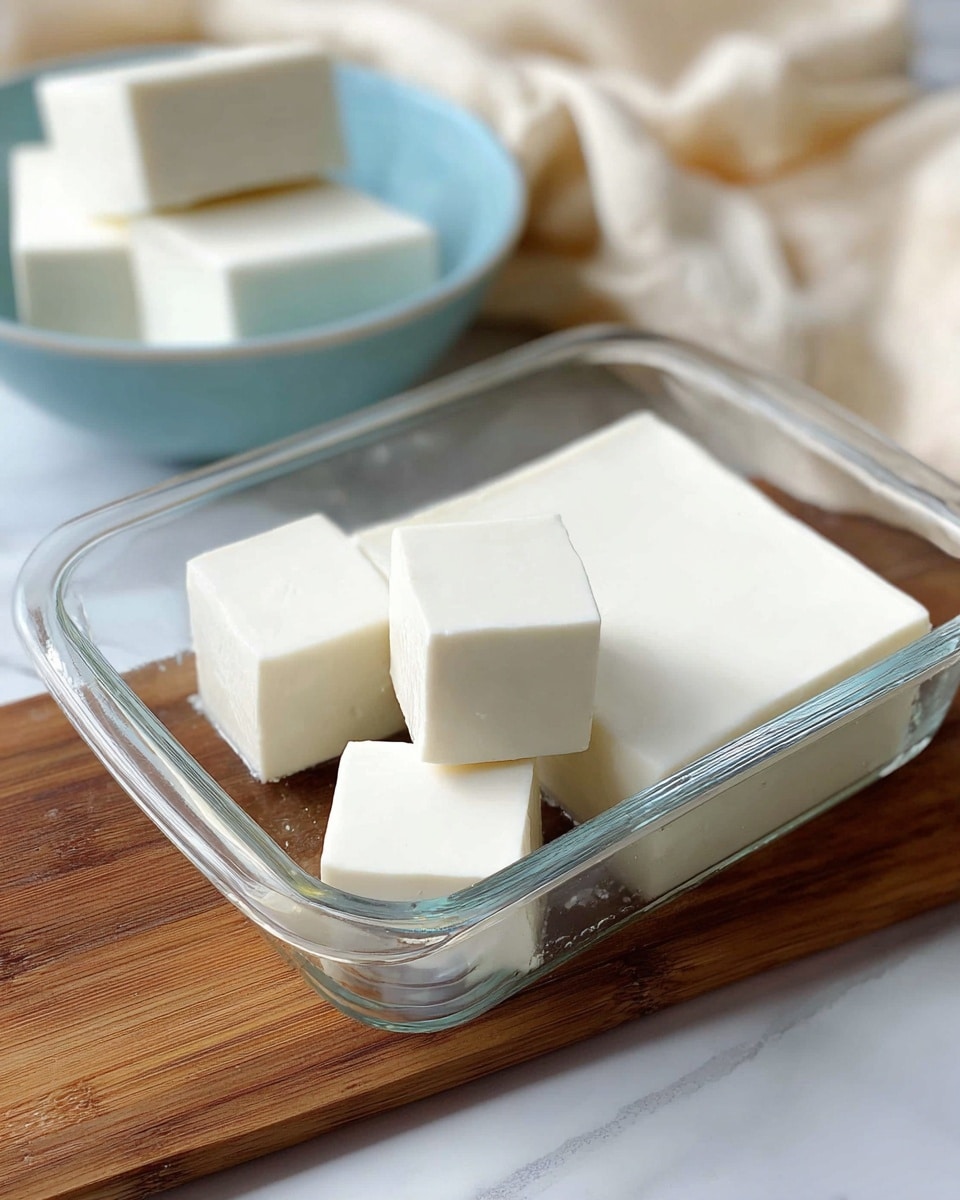 A glass rectangular dish holds a smooth white block of silky tofu with clean straight cuts, showing a texture that is firm yet soft. Three small square pieces are cut out and placed closely inside the dish, revealing the even white color and creamy texture throughout. In the background, there is a white marbled surface with a light blue bowl holding more tofu squares slightly blurred, and a cream-colored cloth with soft folds rests near the dish on a honey brown wooden surface. The light setting is bright and natural, highlighting the soft, clean look of the tofu. photo taken with an iphone --ar 4:5 --v 7