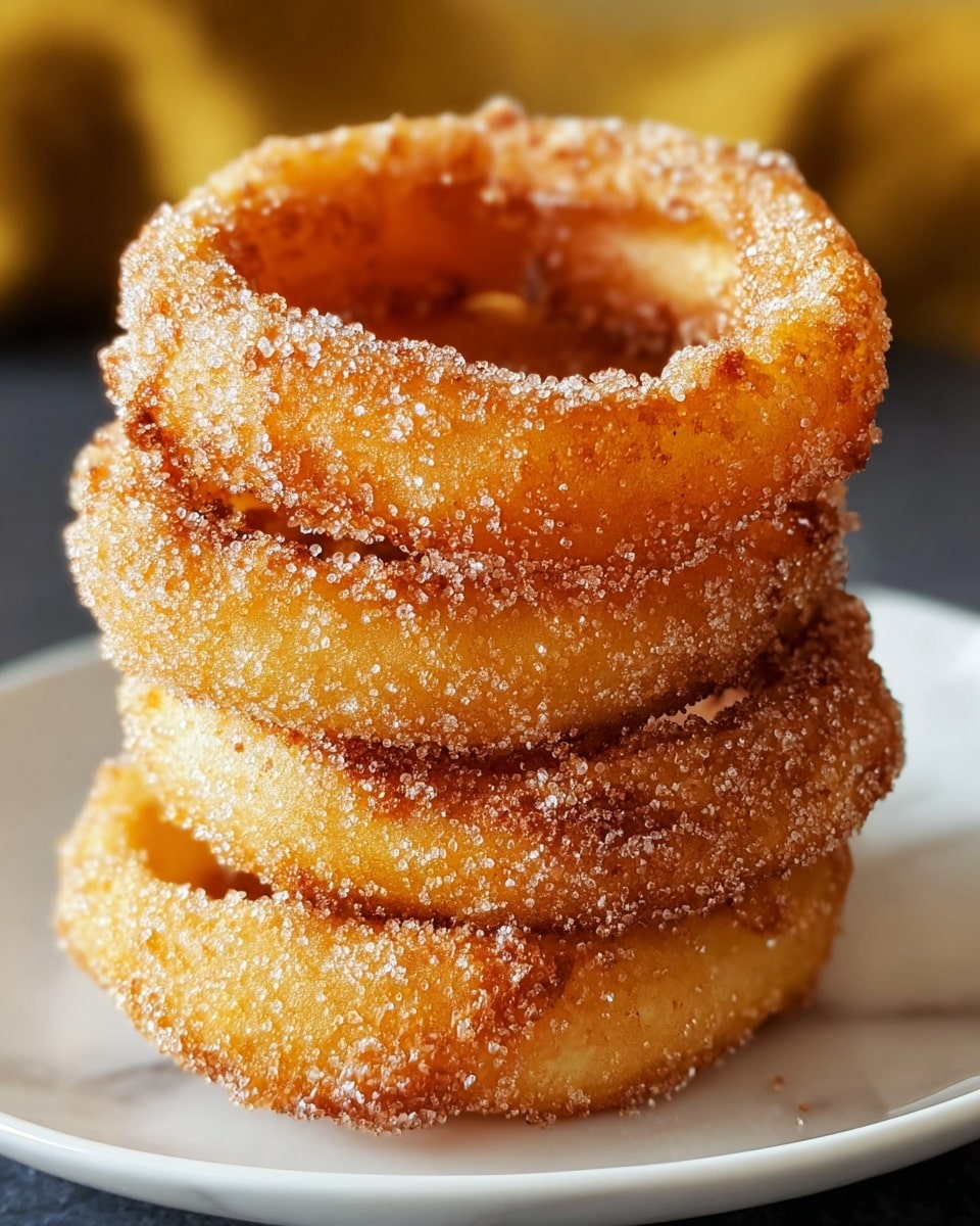 A stack of four golden-brown onion rings is shown close up, each ring having a crispy and crunchy texture with a slightly rough surface. The rings are dusted lightly with white granulated sugar that adds a sparkly touch. They sit on a white plate, and the background is a white marbled texture. The image is bright, highlighting the warm color and crispy details of the onion rings. Photo taken with an iphone --ar 4:5 --v 7