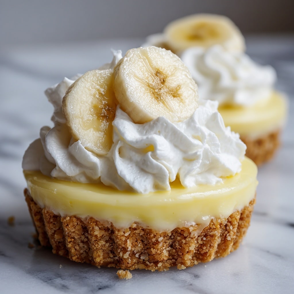 The image shows a close-up of a mini pie with three visible layers. The bottom layer is a crumbly, golden-brown crust that looks crunchy. Above the crust, there is a smooth, creamy yellow filling that appears soft and thick. On top, thick white whipped cream is decorated with soft peaks, and a slice of banana with light yellow color and small brown spots sits on the whipped cream. The pie is on a white marbled surface. Photo taken with an iphone --ar 4:5 --v 7