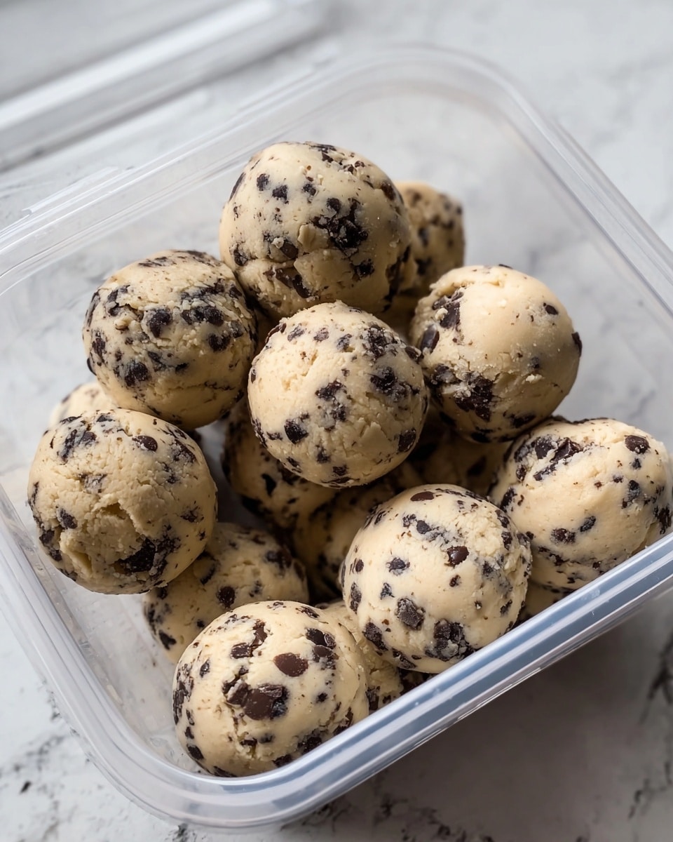 The image shows several small, round dough balls inside a clear plastic container. Each ball is beige with many small, dark chocolate chunks mixed throughout, giving a speckled look. The texture of the dough appears soft and slightly crumbly. The container is set on a white marbled surface, and the balls are closely packed, filling the container. photo taken with an iphone --ar 4:5 --v 7