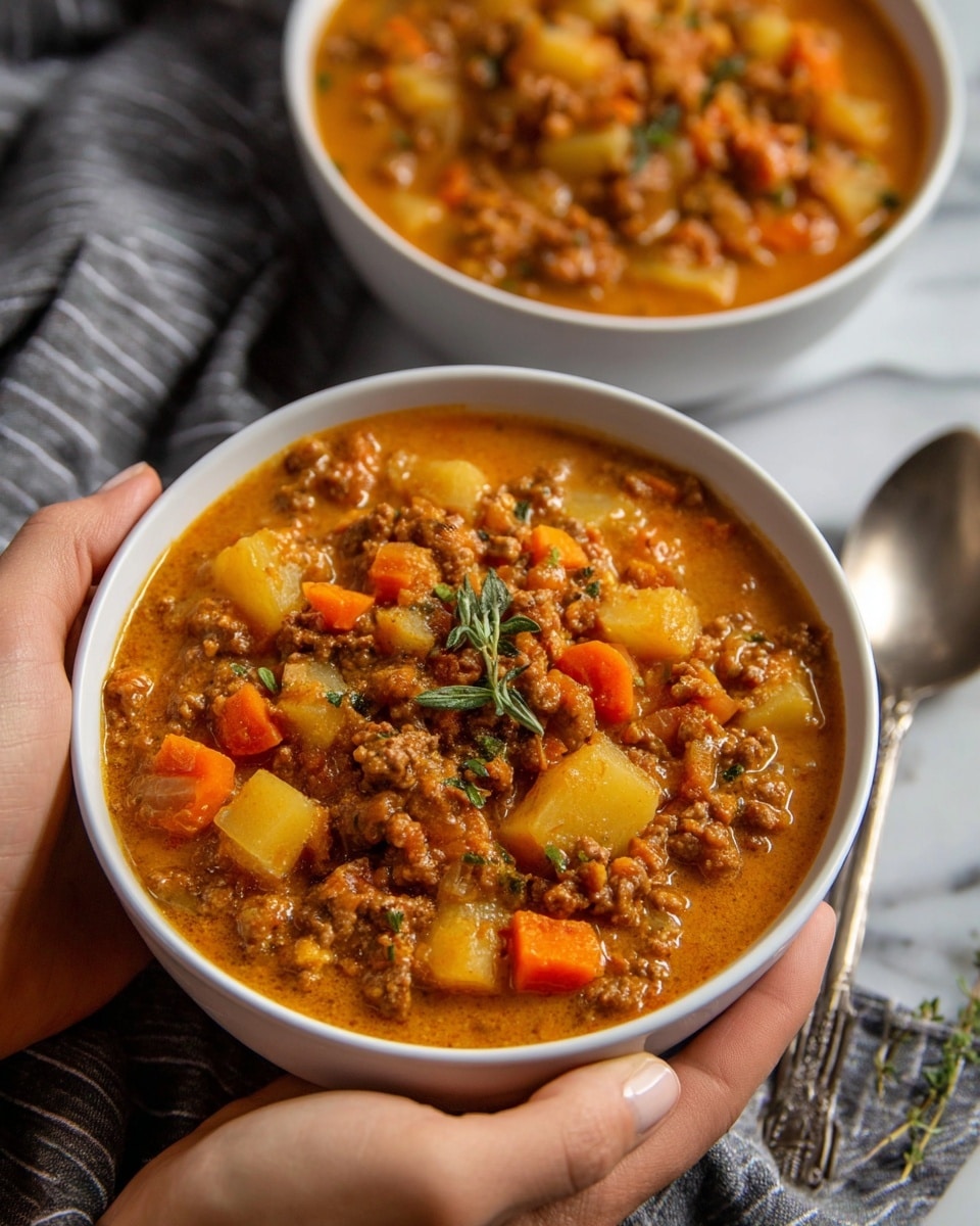 A white bowl filled with thick stew held by two woman's hands, showing chunky layers of brown minced meat, yellow potato pieces, and small orange carrot slices, all mixed in a rich, orange-brown sauce with a smooth texture. The stew is topped with small green herb leaves. In the background, there is another white bowl with the same stew on a white marbled surface, next to a shiny silver spoon lying on a gray-striped cloth. The overall scene is warm and cozy with soft lighting. photo taken with an iphone --ar 4:5 --v 7