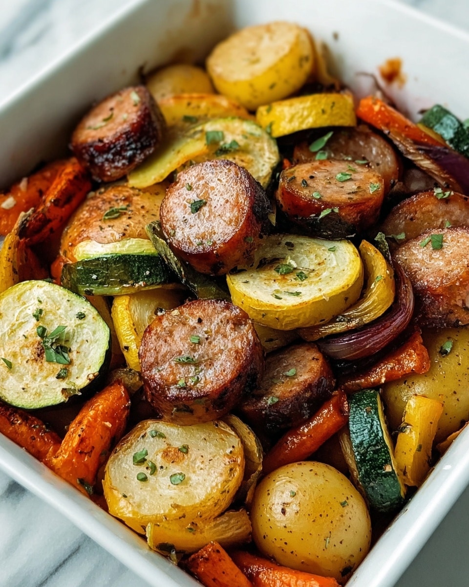 A white rectangular dish filled with a colorful mix of roasted vegetables and sliced sausage. The bottom layer consists of golden-brown roasted potatoes with crispy edges. On top of that, there are slices of browned, glossy sausage scattered evenly. Mixed among these are bright orange cooked carrot pieces and tender green herbs sprinkled lightly over everything. The vegetables and sausage show a slight shine from roasting, with a textured, crispy look on the edges. The dish is set on a white marbled surface, with a soft, casual background that hints at a cozy kitchen setting. photo taken with an iphone --ar 4:5 --v 7