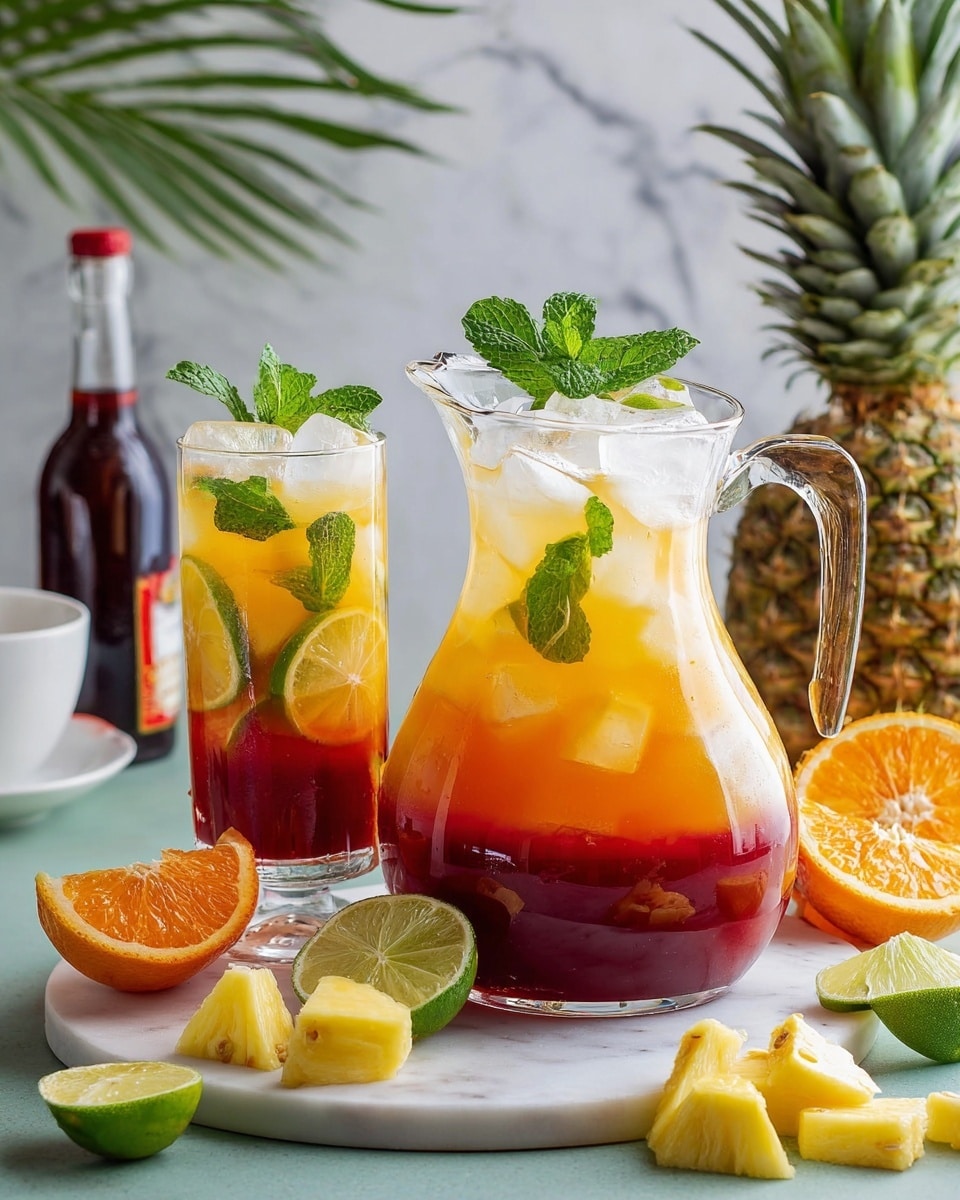 A clear glass pitcher filled with a three-layer drink: the bottom layer is dark red, the middle layer is orange, and the top layer is pale yellow with ice cubes and mint leaves floating. Next to the pitcher is a tall clear glass with a similar orange-yellow drink and ice, garnished with a lime wheel and mint sprig. Both are placed on a round white marble board. Around the board are lime wedges, pineapple slices, half-cut oranges, and a bottle with dark liquid in the background. The whole scene is set on a light green surface with palm leaves and a yellow background. photo taken with an iphone --ar 4:5 --v 7