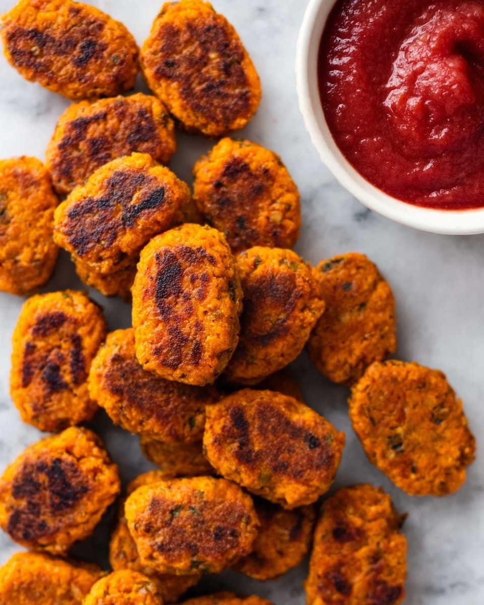 The image shows many small orange-brown patties with a slightly crispy and textured surface, arranged closely together on a white marbled surface. The patties look soft inside with some grill marks standing out in darker brown. On the upper right side, there is a white bowl filled with a thick, bright red sauce that looks smooth. The overall colors are warm orange and red against the cool white marbled background. photo taken with an iphone --ar 4:5 --v 7