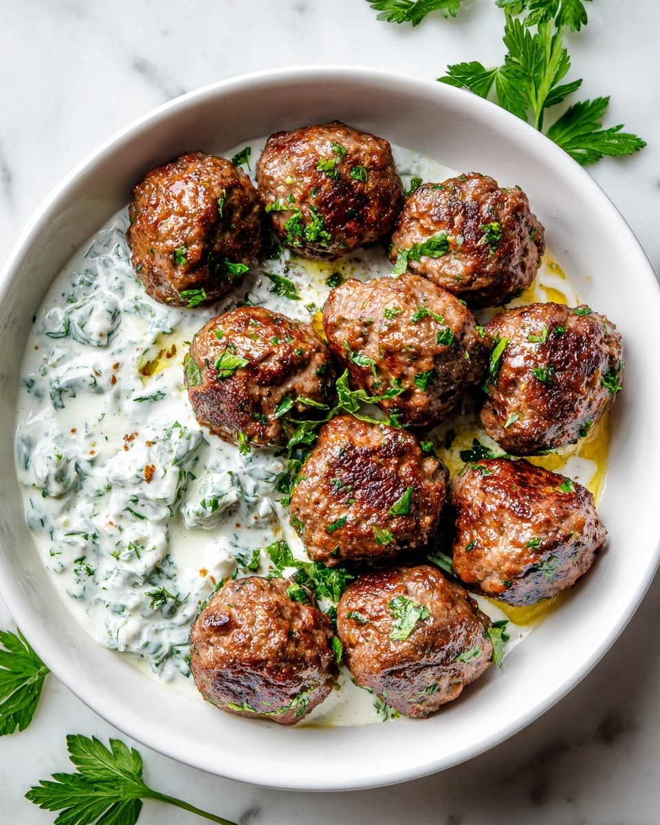 A white bowl filled with ten browned meatballs arranged in a circle, showing a juicy and slightly crispy texture with small green herb bits sprinkled on top. On one side of the bowl, there is a creamy white sauce mixed with chopped green herbs giving it a chunky and fresh look. The dish is placed on a white marbled surface with some green herb leaves scattered nearby, adding a fresh touch to the scene. photo taken with an iphone --ar 4:5 --v 7