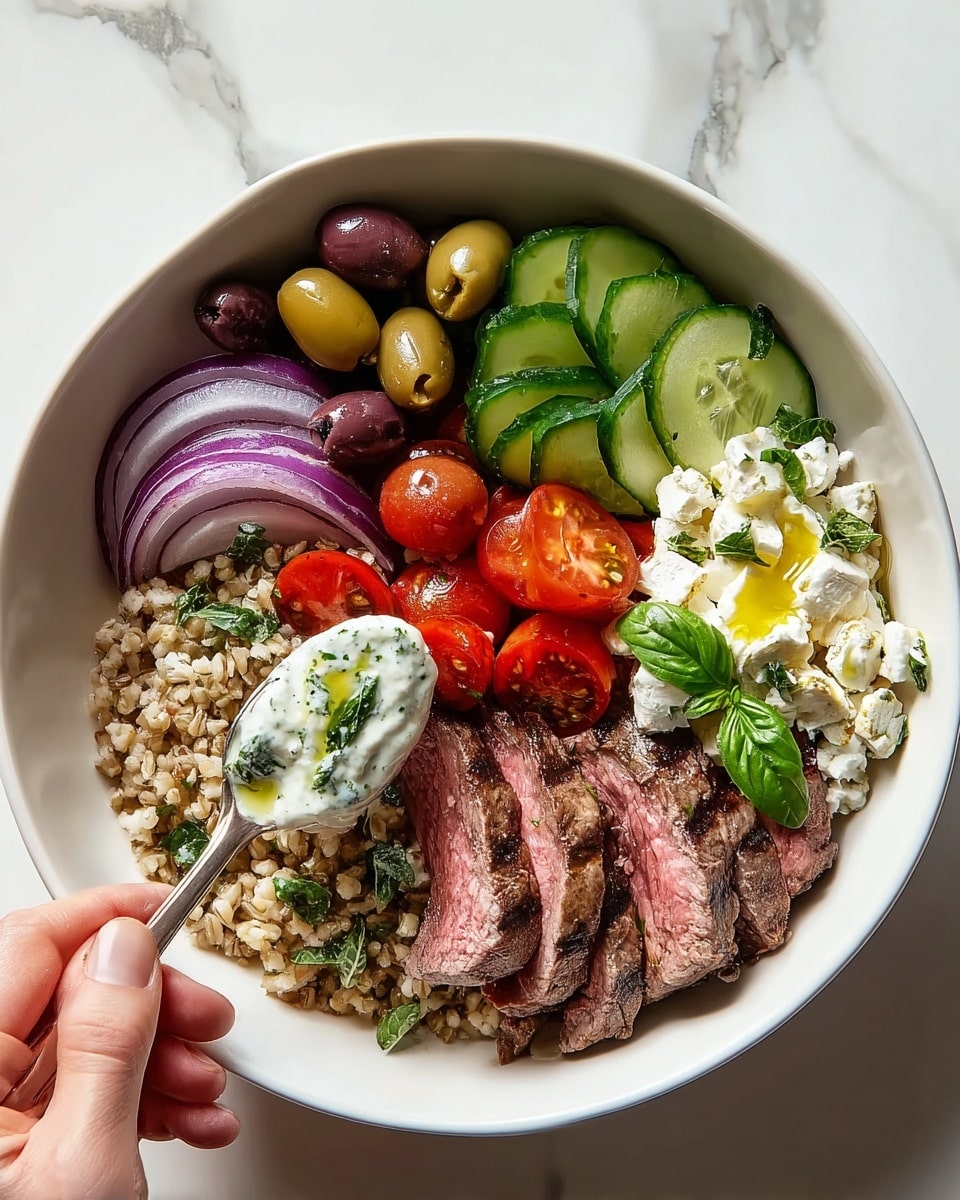 A white bowl filled with a layered dish starting with a base of light brown cooked grains. On top, there are thin slices of medium-rare steak, showing pink centers and charred edges, placed on one side. Next to the steak are round, thin slices of purple onion arranged in a small stack. Bright red cherry tomatoes, some whole and some halved, sit beside a group of shiny green and purple olives. Fresh green basil leaves add a touch of color near the tomatoes. A dollop of creamy white sauce with green herbs and a drizzle of olive oil is on top near the olives. On the opposite side, thin slices of fresh cucumber with dark green skin are layered neatly, with small chunks of white feta cheese mixed with herbs beneath them. A woman's hand is holding a spoon scooping the herb sauce. The background has a white marbled texture. Photo taken with an iphone --ar 4:5 --v 7