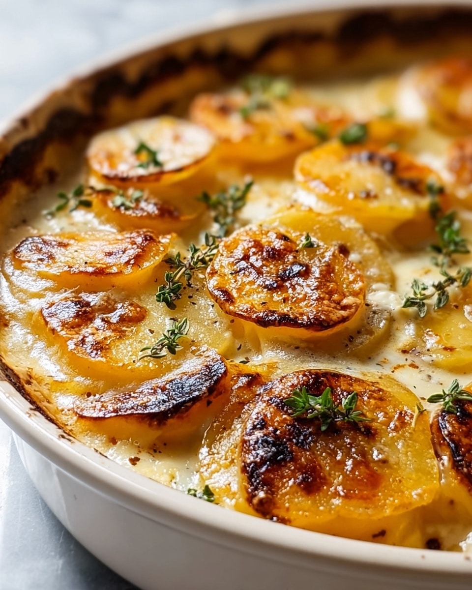 A white round baking dish filled with a creamy potato gratin, showing about two layers of thick potato slices. The potato slices are golden brown and crispy on top with some darker caramelized spots. The creamy sauce is visible around the edges and between the potato slices, looking rich and smooth. Small green herb sprigs are sprinkled across the top for color and texture. The dish rests on a white marbled surface with a close-up view emphasizing the crispy golden top and creamy layers below. Photo taken with an iphone --ar 4:5 --v 7