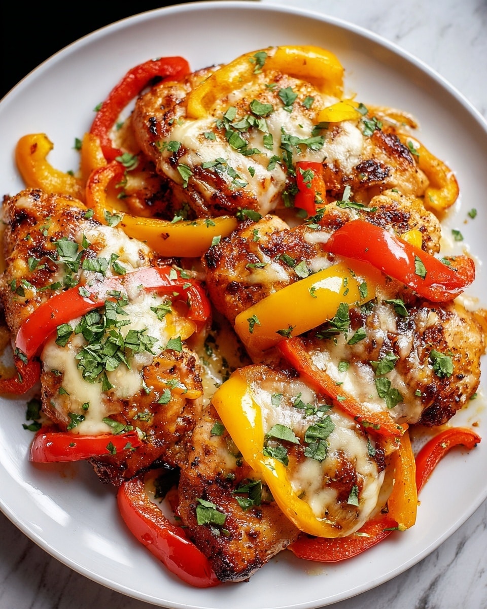 The dish shows a white plate filled with several pieces of cooked chicken topped with melted cheese. Bright red and yellow bell pepper slices are mixed in with the chicken, adding vibrant color contrasts. Each chicken piece is golden brown with a slightly crispy texture, and the cheese has melted smoothly, covering parts of the chicken and peppers. Small green herbs are sprinkled on top for a fresh look. The plate is set on a white marbled surface. photo taken with an iphone --ar 4:5 --v 7