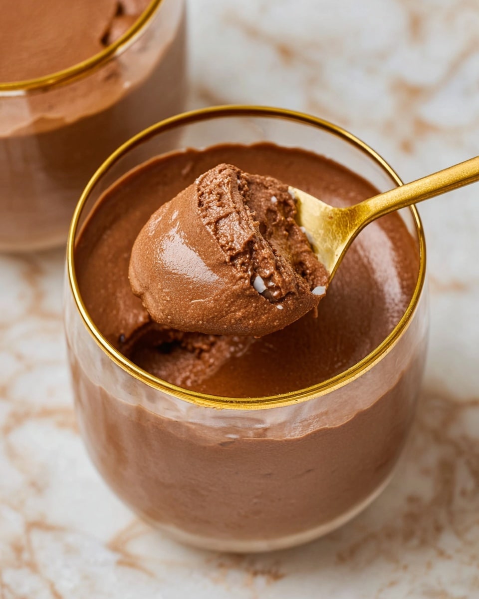 A close-up view of a single glass filled with creamy chocolate mousse, showing one smooth, thick, and velvety brown layer filling the entire glass. A golden spoon scoops a portion from the middle, revealing the same rich chocolate mousse texture inside, all set against a white marbled surface. The glass has a thin gold rim, adding a touch of elegance. Photo taken with an iphone --ar 4:5 --v 7