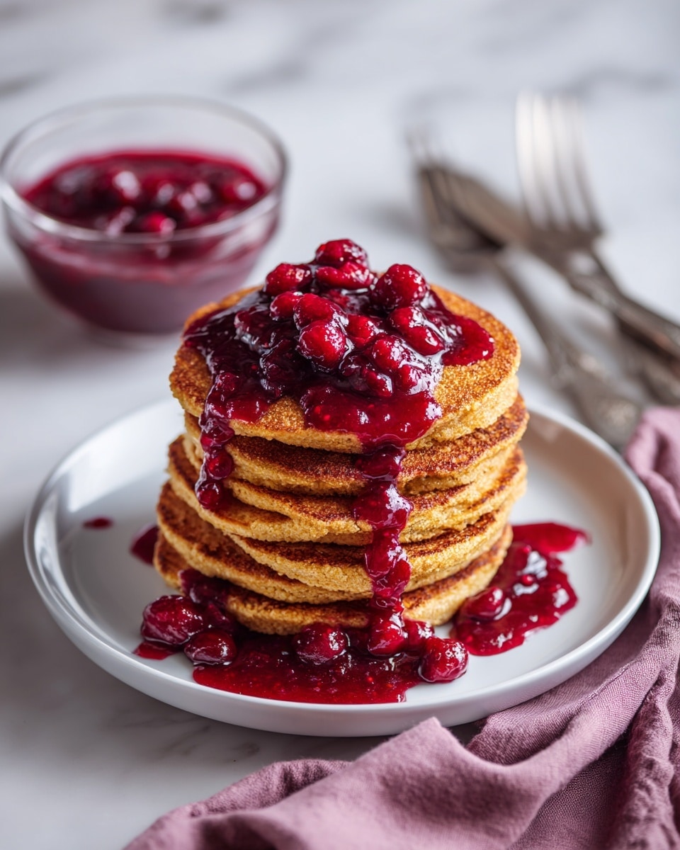 A stack of six round, golden-brown pancakes with a slightly rough texture is arranged in a white plate. On top and dripping down the sides is a thick, glossy, deep red berry sauce with whole berries visible, giving a chunky and juicy appearance. Some sauce spills over the edge of the plate onto the white marbled surface below. Beside the plate is a small bowl filled with more of the same berry sauce, showing the rich red color and thick consistency. Nearby are two forks and a glass partly visible, resting on the white marbled surface. A mauve cloth is placed loosely near the bottom right corner of the frame. photo taken with an iphone --ar 4:5 --v 7