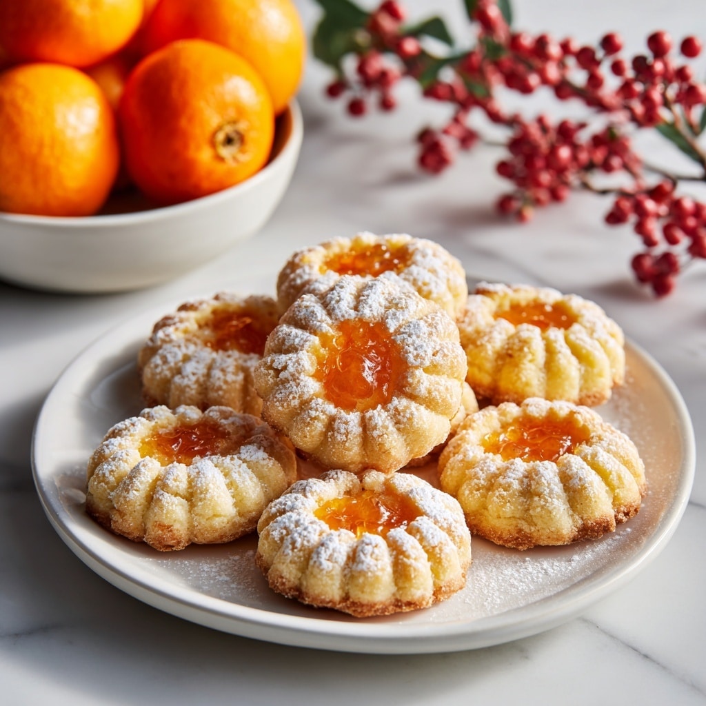 A white plate holds seven folded cookies made of light golden dough with scalloped edges, each cookie filled with bright orange jam visible through a small opening in the center. The cookies are dusted with a fine layer of white powdered sugar, adding a soft, snowy texture on top. The plate sits on a white marbled surface, with a white bowl of whole bright orange fruits and some small red berry branches blurred in the background. The overall color palette is warm and inviting with soft natural lighting. photo taken with an iphone --ar 4:5 --v 7